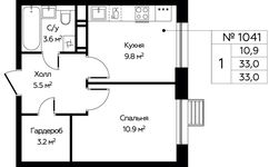 Планировка 1-комнатной квартиры, 33 м2