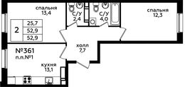 Планировка 2-комнатной квартиры, 52,4 м2