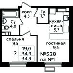 Планировка 2-комнатной квартиры, 34,9 м2