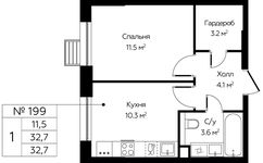Планировка 1-комнатной квартиры, 32,7 м2