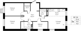 Планировка 3-комнатной квартиры, 74,1 м2