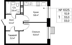 Планировка 1-комнатной квартиры, 33 м2