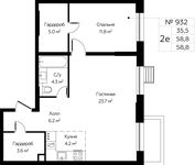 Планировка 2-комнатной квартиры, 58,8 м2