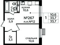 Планировка 1-комнатной квартиры, 33,7 м2