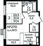 Планировка 2-комнатной квартиры, 37,4 м2
