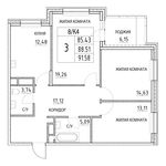 Планировка 3-комнатной квартиры, 88,51 м2