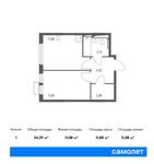 Планировка 1-комнатной квартиры, 34,39 м2