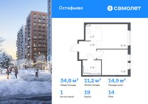 Планировка  1-комнатной квартиры, 34,77 м2