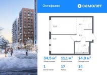Планировка  1-комнатной квартиры, 34,53 м2