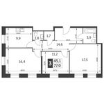 Планировка 3-комнатной квартиры, 77 м2