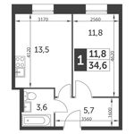 Планировка 1-комнатной квартиры, 34,6 м2
