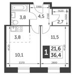 Планировка 2-комнатной квартиры, 36,4 м2