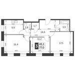 Планировка 3-комнатной квартиры, 77 м2