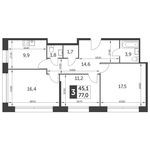 Планировка 3-комнатной квартиры, 77 м2