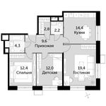 Планировка 3-комнатной квартиры, 77,1 м2