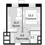 Планировка 1-комнатной квартиры, 34,5 м2