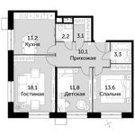 Планировка 3-комнатной квартиры, 75,4 м2