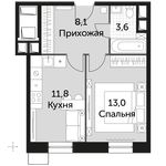 Планировка 1-комнатной квартиры, 36,5 м2