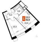 Планировка 1-комнатной квартиры, 36,8 м2
