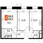 Планировка 2-комнатной квартиры, 52,2 м2