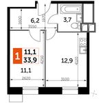 Планировка 1-комнатной квартиры, 33,9 м2