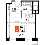 Планировка 1-комнатной квартиры, 28,3 м2
