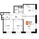 Планировка 3-комнатной квартиры, 77,1 м2