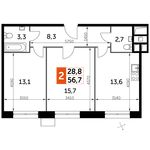 Планировка 2-комнатной квартиры, 56,7 м2