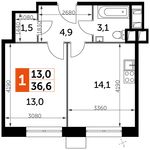 Планировка 1-комнатной квартиры, 36,6 м2