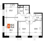 Планировка 3-комнатной квартиры, 75,4 м2