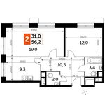 Планировка 2-комнатной квартиры, 56,2 м2