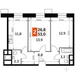 Планировка 2-комнатной квартиры, 53 м2
