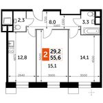 Планировка 2-комнатной квартиры, 55,6 м2