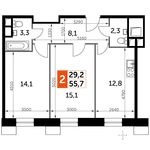 Планировка 2-комнатной квартиры, 55,7 м2