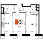 Планировка 2-комнатной квартиры, 55,9 м2