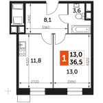 Планировка 1-комнатной квартиры, 36,5 м2