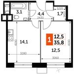 Планировка 1-комнатной квартиры, 35,8 м2