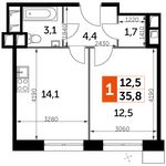 Планировка 1-комнатной квартиры, 35,8 м2