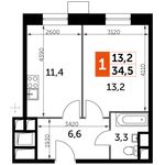 Планировка 1-комнатной квартиры, 34,5 м2