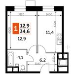 Планировка 1-комнатной квартиры, 34,6 м2