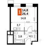 Планировка 1-комнатной квартиры, 26,4 м2