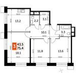 Планировка 3-комнатной квартиры, 75,4 м2