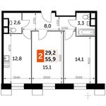 Планировка 2-комнатной квартиры, 55,9 м2