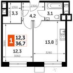 Планировка 1-комнатной квартиры, 36,7 м2