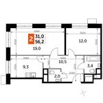 Планировка 2-комнатной квартиры, 56,2 м2