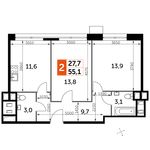Планировка 2-комнатной квартиры, 55,1 м2