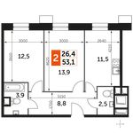 Планировка 2-комнатной квартиры, 53,1 м2