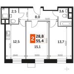 Планировка 2-комнатной квартиры, 55,4 м2
