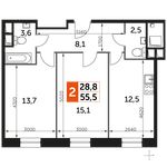 Планировка 2-комнатной квартиры, 55,5 м2