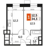 Планировка 1-комнатной квартиры, 34,3 м2